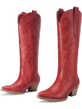 Women's Dark Red Cowgirl Boots Embroidered Knee-High Western Boots Chunky Heel